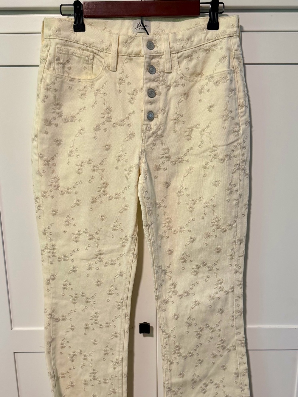 J. Crew High Rise Billie Demi Boot Crop Cream Jeans with Embroidery